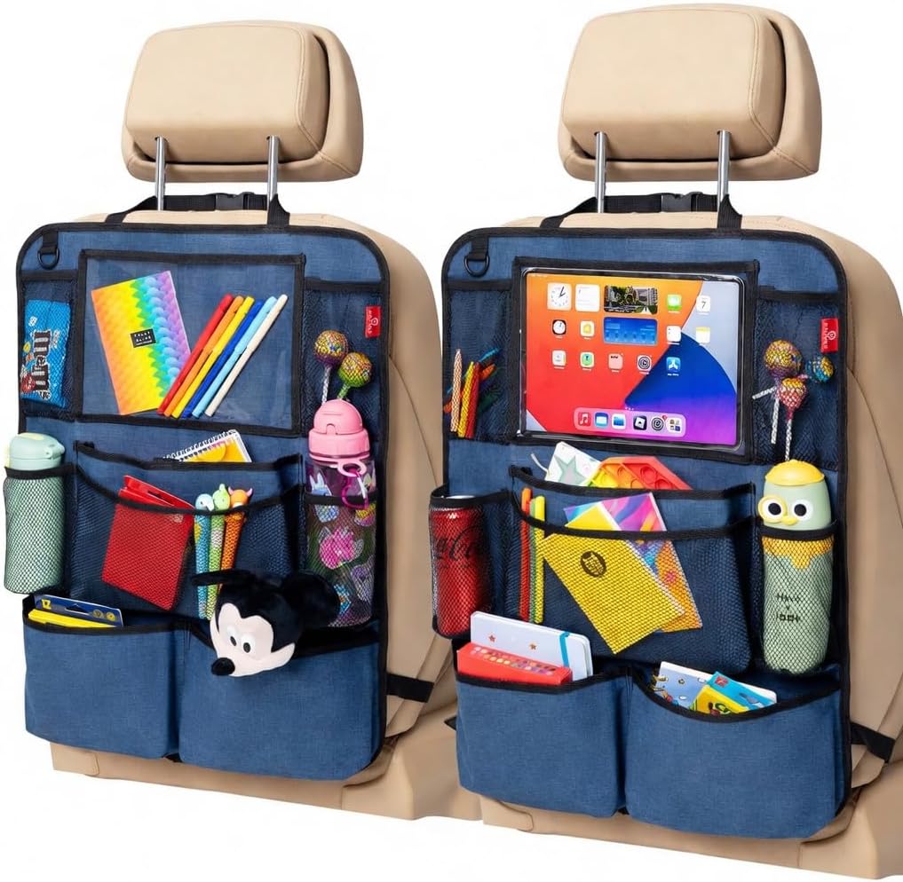 Helteko Backseat Car Organizer, Kick Mats Back Seat Protector with Touch Screen Tablet Holder, Organizer for Kids, Travel Accessories, Mat 9 Storage Pockets 2 Pack