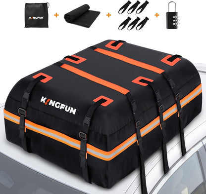 Kingfun Car Rooftop Cargo Carrier – Waterproof 20 Cubic Feet Car Roof Bag Fit All Vehicles with/Without Roof Racks, Includes Anti-Slip Mat, 8 Reinforced Straps & 6 Door Hooks, Luggage Locks（Black）