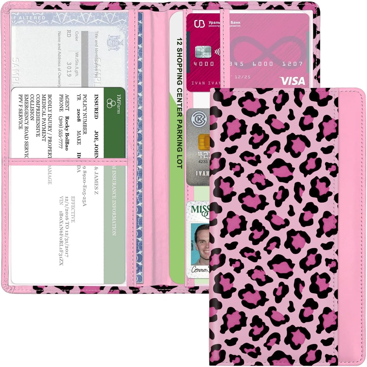 Car Registration and Insurance Holder, with Magnetic Closure for License, Cards and Documents, All Vehicle Needs and Car Accessories (Leopard-Black)