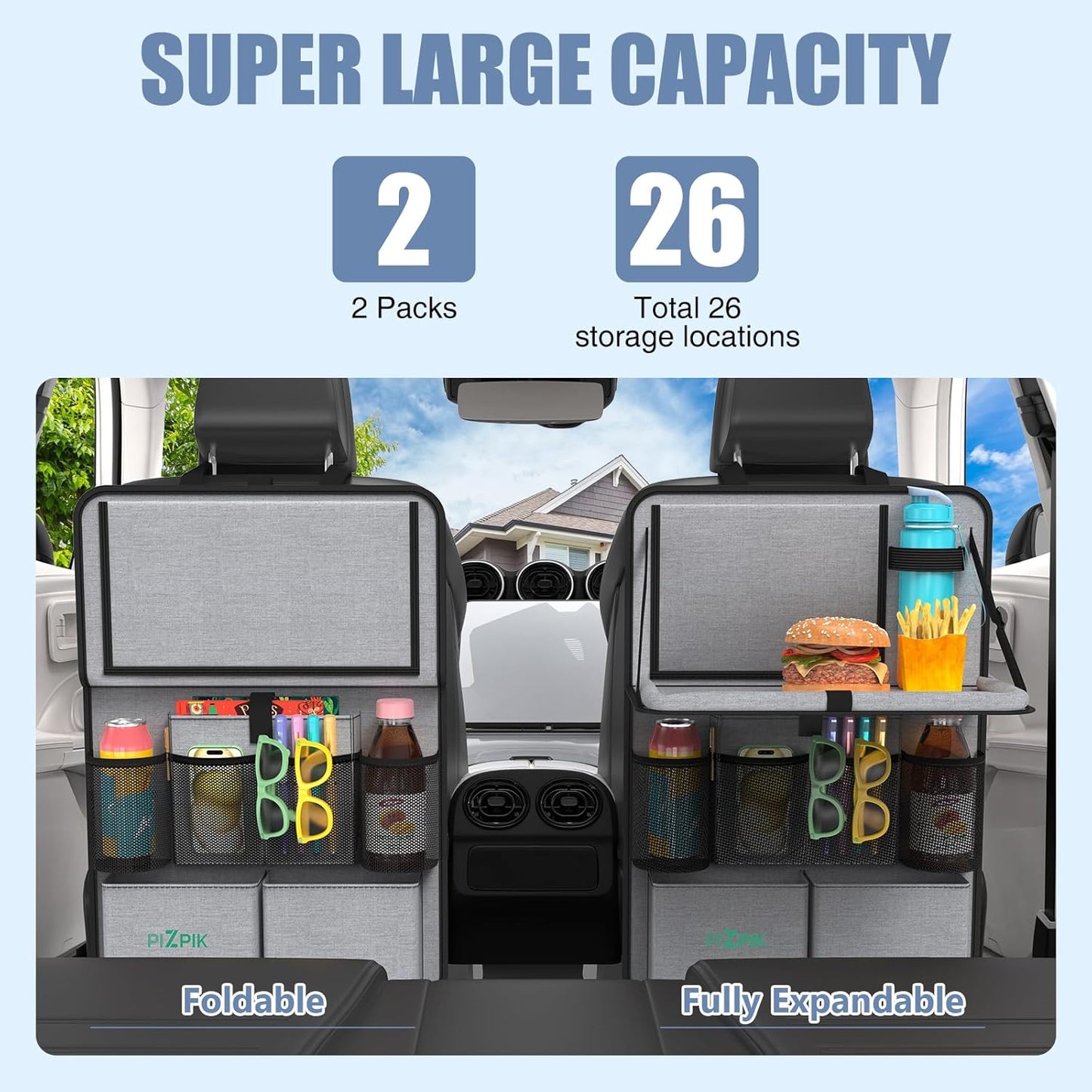 Plzpik Car Backseat Organizer with Tray(2Pack),13 Storage Pockets with Foldable Food Tray, Protector Kick Mats for Kids, Travel Accessories Organizer (Black)