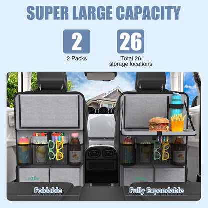 Plzpik Car Backseat Organizer with Tray(2Pack),13 Storage Pockets with Foldable Food Tray, Protector Kick Mats for Kids, Travel Accessories Organizer (Black)