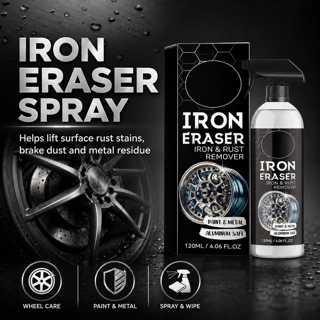 Iron Eraser Rust Remover Spray, Iron Powder Remover for Car Wheels, Paint and Automotive Surfaces, Fast Acting Automotive Surface Cleaner, 2 PCS (2 pcs)