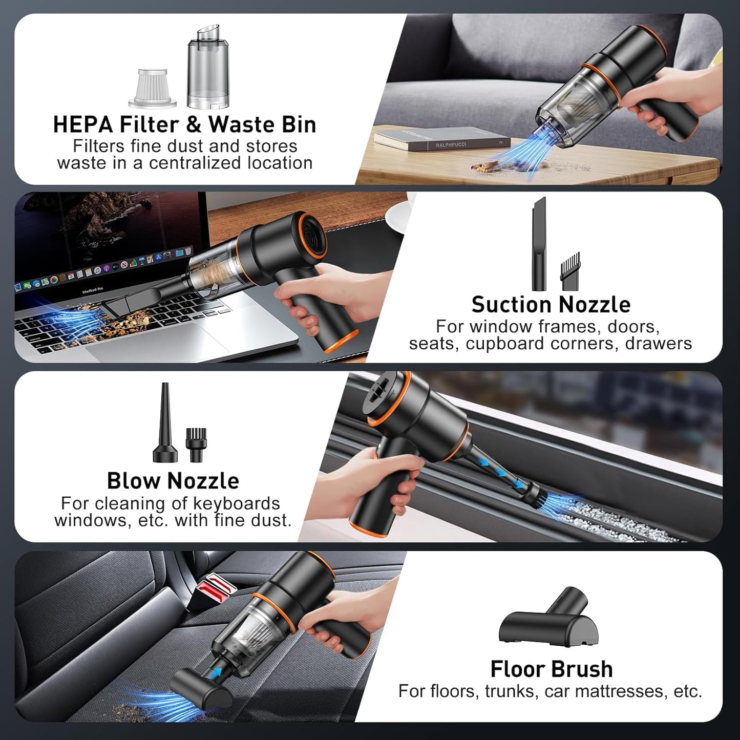 KMM Handheld Car Vacuum Cleaner, 9000Pa Vacuum Cleaner and Air Duster, 120W High Power Hand Held Vacuum with LED Light and Multi-Nozzles for Car, Home, Office, Pet