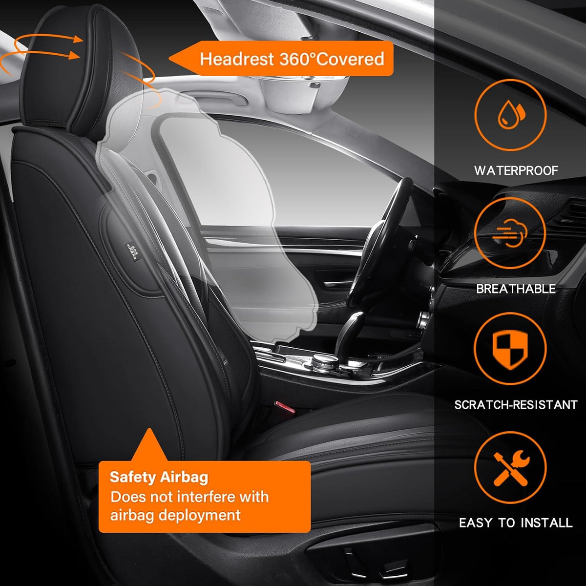 MINGBRON Car Seat Cover Full Set, Leather Car Seat Cover, Waterproof Seat Covers, Car Seat Cushion, Nappa Leather Seat Covers Car Seat Protector Universal Fit Most Cars Black