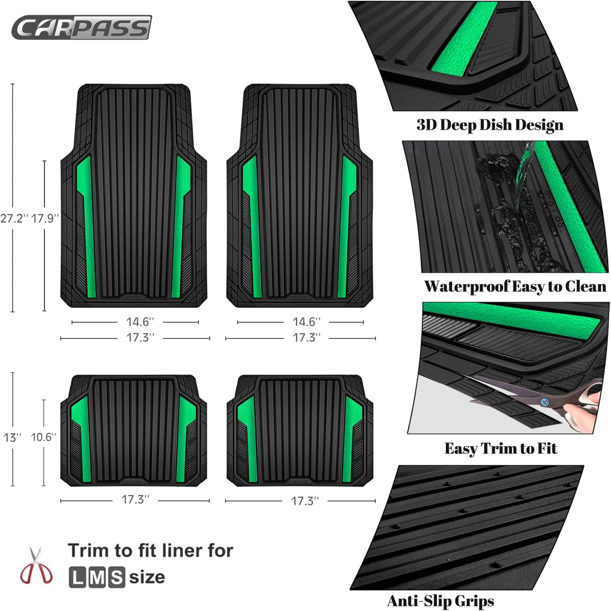 CAR PASS Heavy Duty Rubber Car Mats Metallic, Aluminum Film All Weather Floor Mats Waterproof Universal Trim to Fit Automotive SUV Sedan Van 4 Piece Anodized Deep Dish Two-Tone Sporty Black Red Chrome