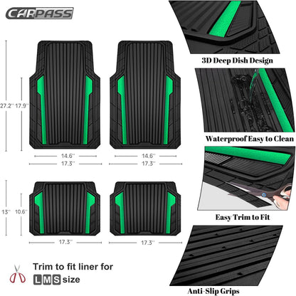 CAR PASS Heavy Duty Rubber Car Mats Metallic, Aluminum Film All Weather Floor Mats Waterproof Universal Trim to Fit Automotive SUV Sedan Van 4 Piece Anodized Deep Dish Two-Tone Sporty Black Red Chrome