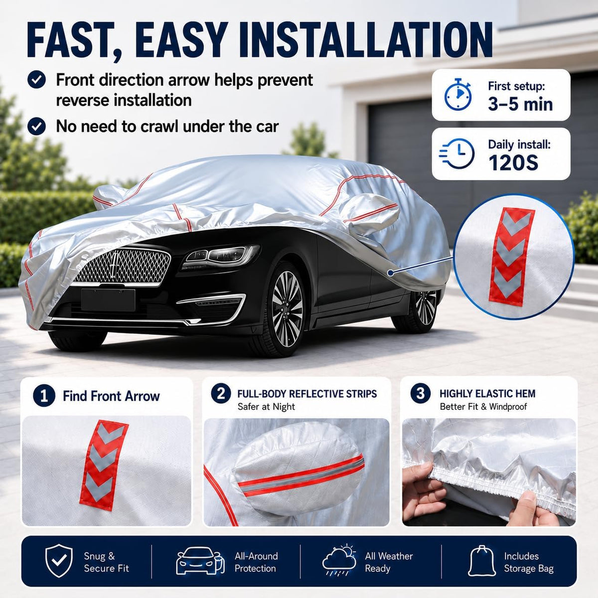 Car Cover for Sedan, Waterproof All Weather Heavy Duty, 360° Underbody Wrap Windproof Design, Quick Install Outdoor Vehicle Cover, Fits 186-193 in