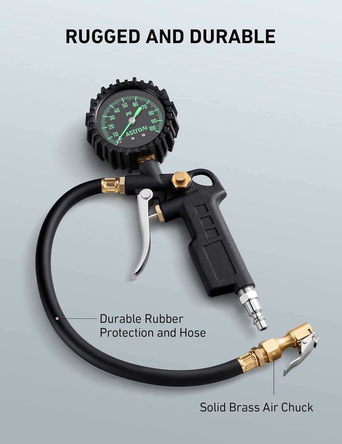 AstroAI Tire Pressure Gauge with Inflator, 100 PSI-ANSI B40.1 Accurate, Large 2.5" Easy Read Glow Dial, Heavy Duty Air Chuck and Compressor Accessories with Rubber Hose and Quick Connect Coupler