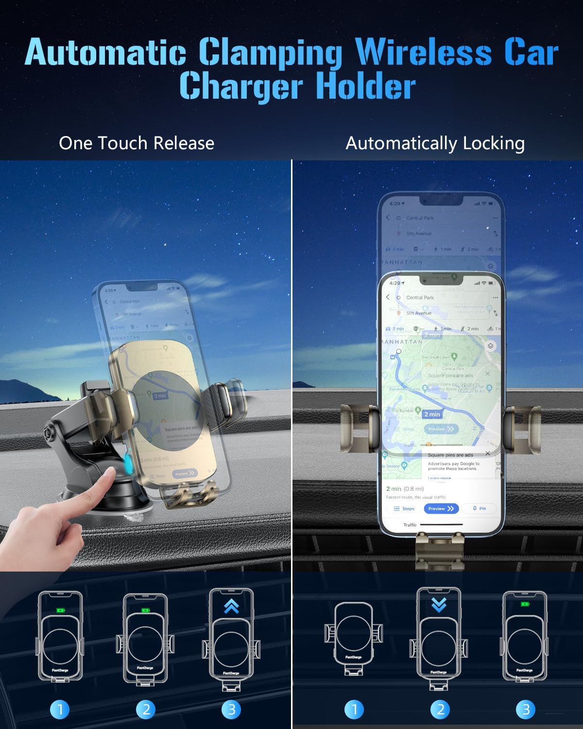 3-in-1 Wireless Car Charger Mount, 15W Fast Charging Auto-Clamping Phone Holder for iPhone 17 16 15 14, Samsung Galaxy S24 S23, Dashboard, Vent & Windshield Car Mount(Black)