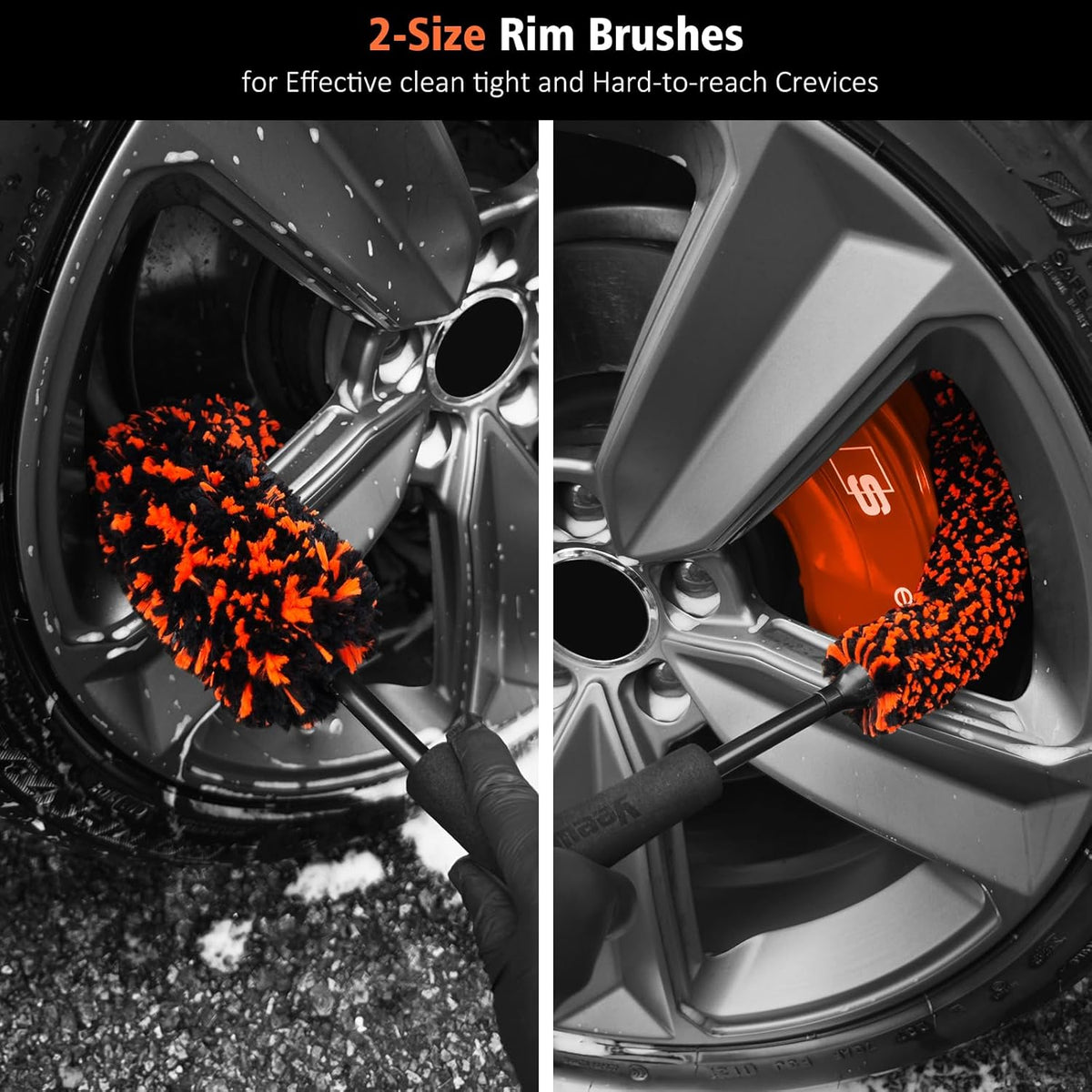 YeewayVeh 3PCS Quick Car Wheel Brush Kit, 2-Size 360° Bendale Rim Cleaner Brushes, Boars Hair Detailing Brush, Fast Scratch-Free Cleaning for Car Wheels, Motorcycle, Orange