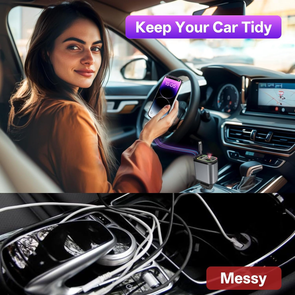 BERTHALESS Retractable Car Charger, 4 in 1 Fast Charging Car Charger with USB-C & USB-A, Compatible with iPhone 17/16/15/14/13/12/11,Galaxy,Pixel,Car Accessories Gifts for Fathers Day,Husband,Men,Dad