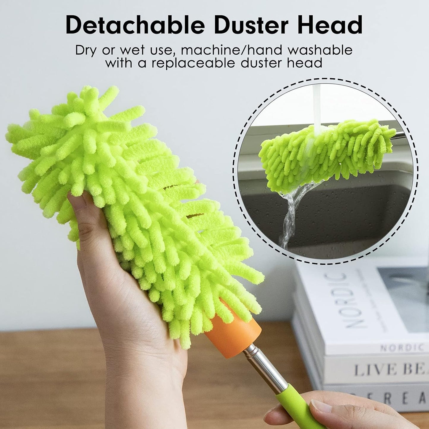 Microfiber Duster for Cleaning, Tukuos Hand Washable Dusters with 2pcs Replaceable Microfiber Head, Extendable Pole, Detachable Cleaning Supplies for Office, Car, Window, Furniture, Ceiling Fan