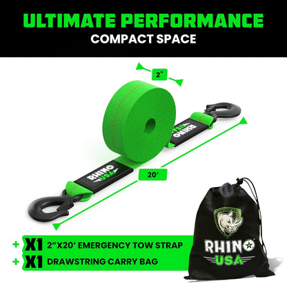Rhino USA Tow Strap with Hooks (2 Inch x 20 Foot) Lab Inspected 10,321lbs Break Strength - Heavy Duty Emergency Towing Straps with Forged Steel Hooks for Roadside Recovery - Not for OffRoad Recoveries