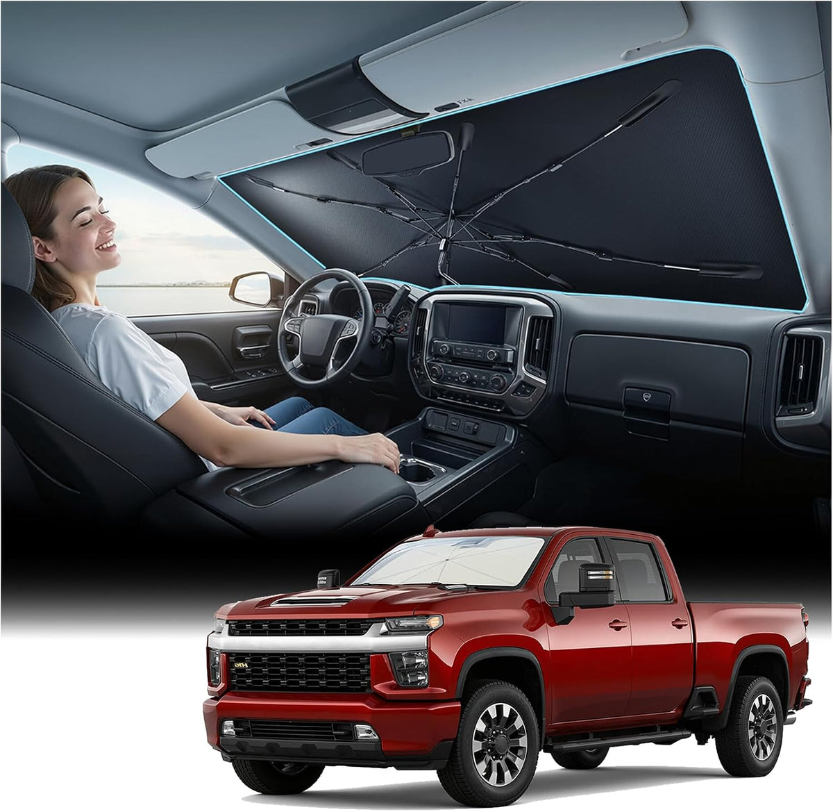 [Upgraded] Nmoiss Windshield Sun Shade Umbrella - [Vinyl Coating Heat Shield] Protect Car from Sun Rays & Heat Damage Keep Cool and Protect Interior, Spring Structure Edge Medium 56" L x 31" W