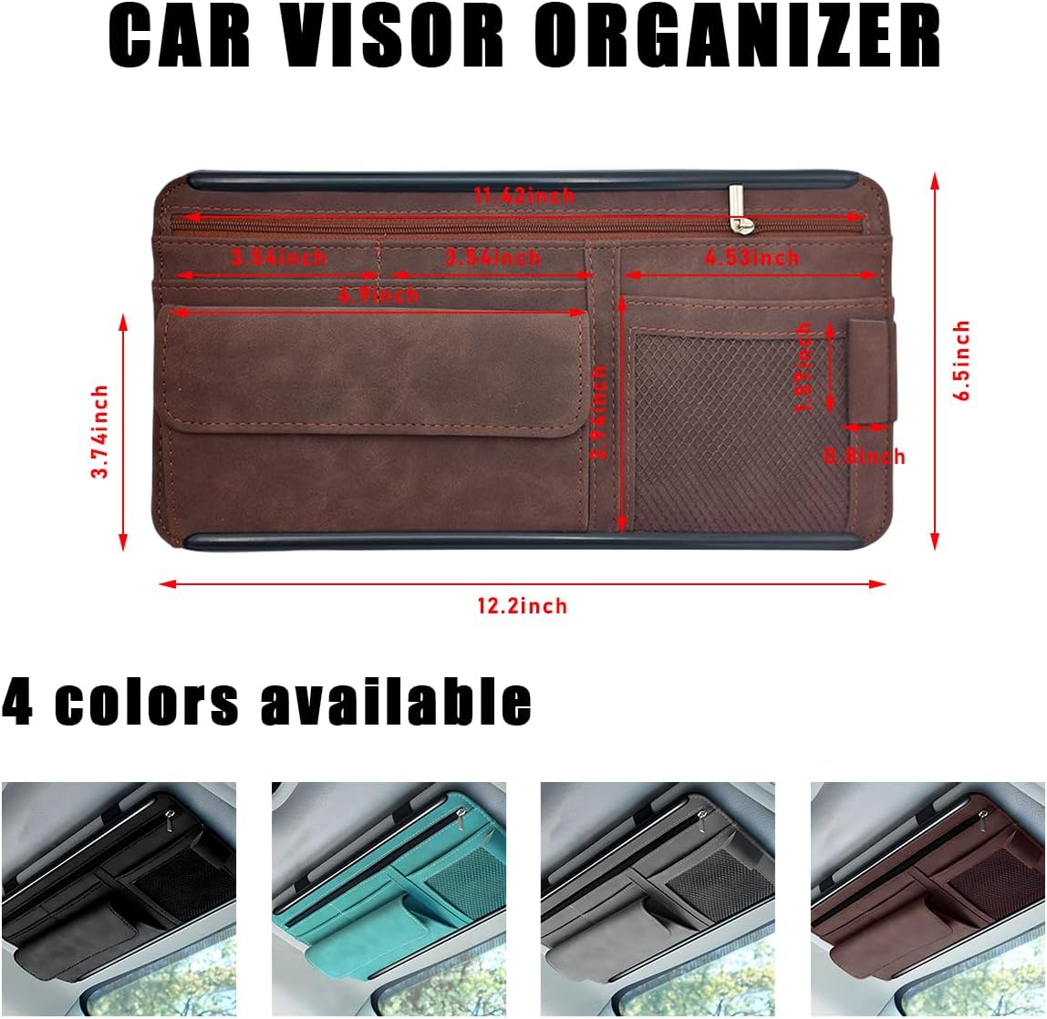 Yourkar Car Sun Visor Organizer, Soft Leather Surface Eyeglasses Note Card Holder Car Storage Bag, Scratch-Resistant Waterproof Auto Sunshade Organizer Bag, Car Accessories (Gray)