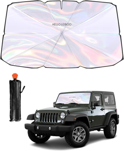 helloleiboo Car Windshield Sun Shade Umbrella 57" x 32", Windshield Sun Shade Foldable with 5-Layer Thickened Vinyl Coating Reflective Heat & UV Protection Fits Most Sedans & Compact SUVs