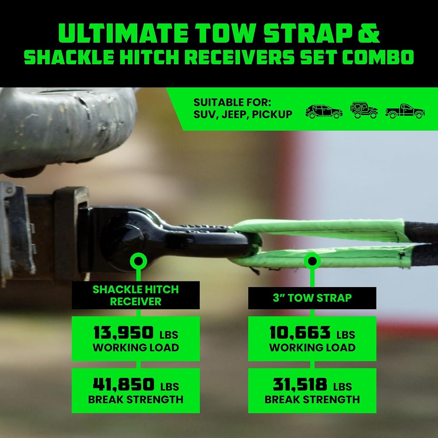 Rhino USA Heavy-Duty Recovery Gear Combos Off-Road Truck Vehicle Recovery, Best Offroad Towing Accessories - Backed for Life (20' Strap + Hitch)
