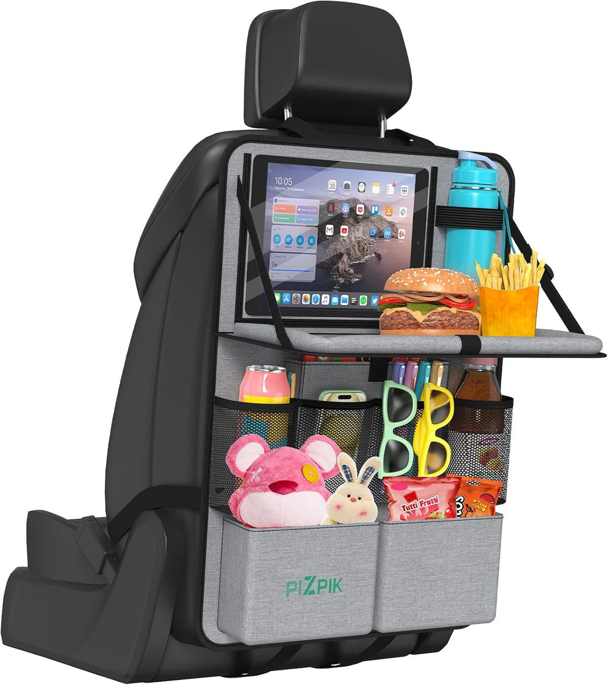 Plzpik Car Backseat Organizer with Tray(2Pack),13 Storage Pockets with Foldable Food Tray, Protector Kick Mats for Kids, Travel Accessories Organizer (Black)