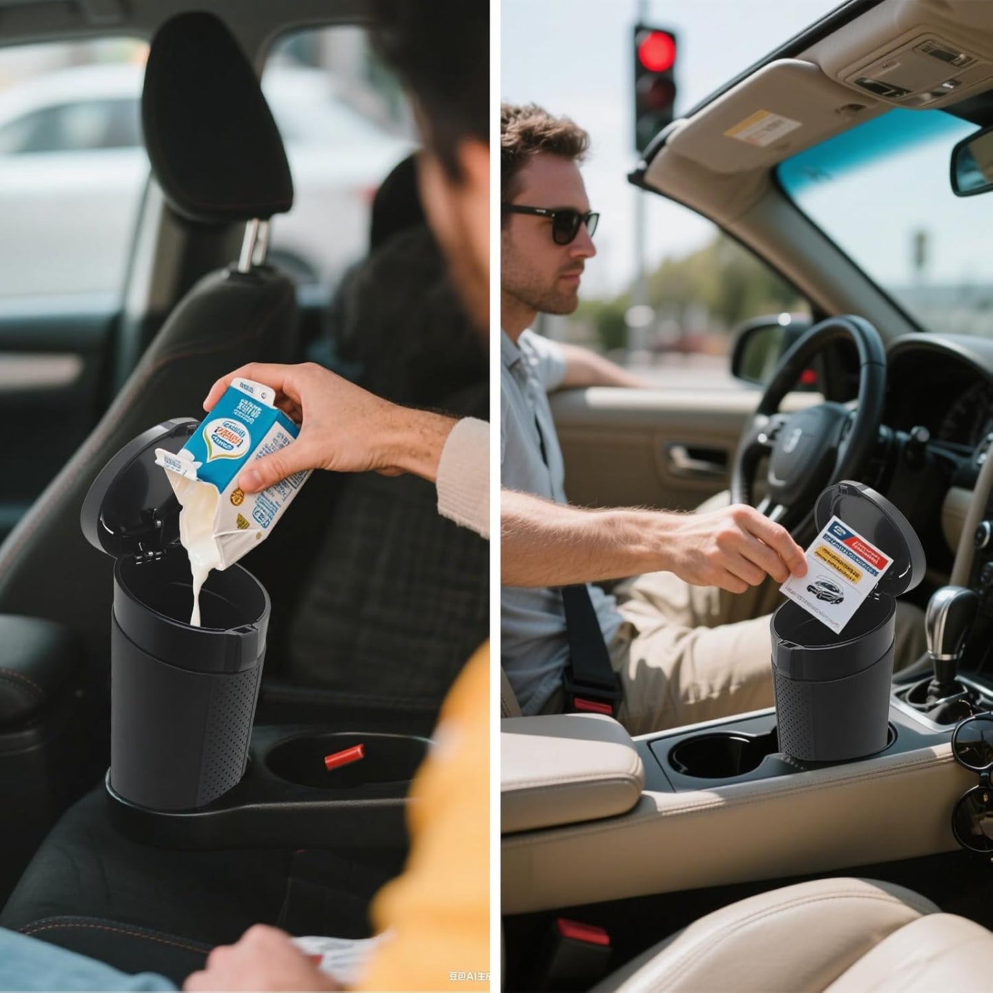 Car Trash Can Bin with Lid, Leakproof Garbage Can for Vehicle, Mini Trash Bin with 90 Attached Trash Bags, Easy to Clean Cup Holder Trash Can for Car, Home, Office