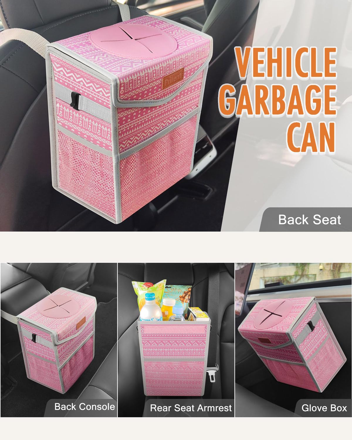 Pritent Car Trash Can with Lid, Cute Leakproof Car Trash Garbage Bag Hanging Vehicle Trash Bin Small Portable Automotive Garbage Cans Organizer for Back/Front Seat/Console(Trapezoid,Black)