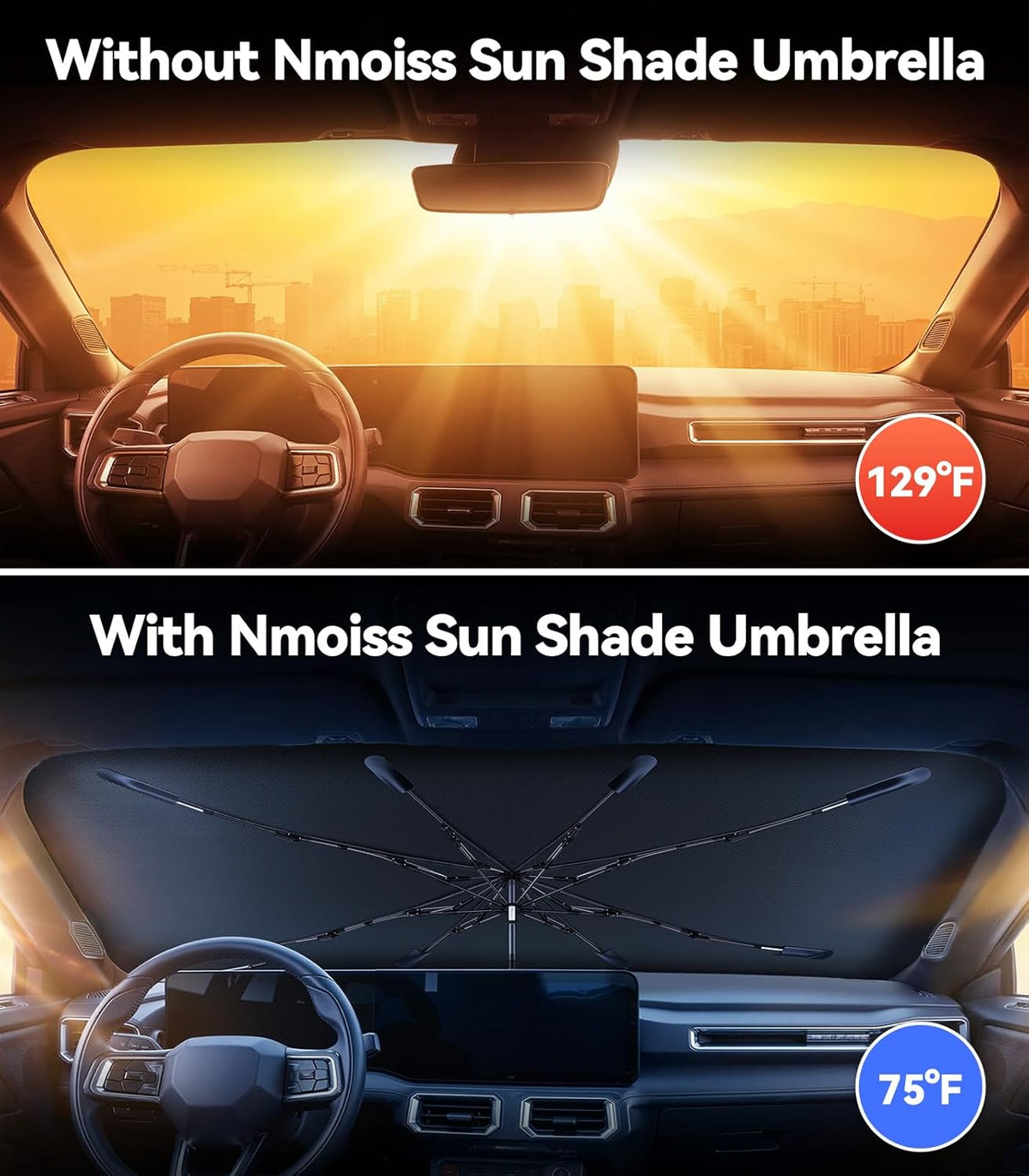 [Upgraded] Nmoiss Windshield Sun Shade Umbrella - [Vinyl Coating Heat Shield] Protect Car from Sun Rays & Heat Damage Keep Cool and Protect Interior, Spring Structure Edge Medium 56" L x 31" W