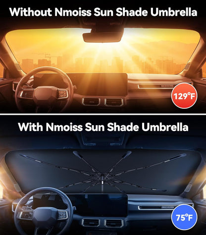 [Upgraded] Nmoiss Windshield Sun Shade Umbrella - [Vinyl Coating Heat Shield] Protect Car from Sun Rays & Heat Damage Keep Cool and Protect Interior, Spring Structure Edge Medium 56" L x 31" W
