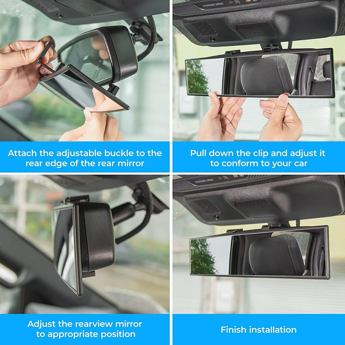 JOYTUTUS Panoramic Rear View Mirror, 12 Inch Wide Angle Clip On Mirror, Universal Car Interior Accessories, Convex Interior Mirror Reduces Blind Spot, Clear Vision Fits Car SUV Trucks