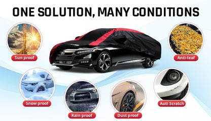 Car Cover Waterproof All Weather Protection with Red Stripe Design, Universal Fit Toyota Camry Solara, Ford Fusion, Kia Stinger Optima, Nissan Maxima, VW Passat, Subaru Legcy