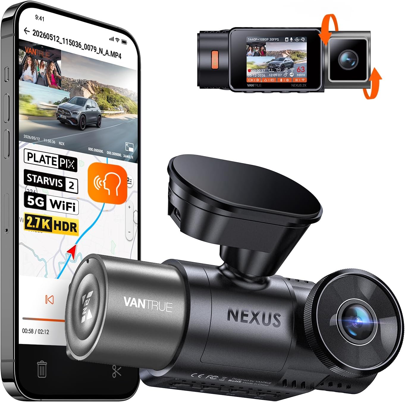 Vantrue N2X 2.7K Dash Cam Front and Inside, 5G WiFi Dual Dash Camera for Car with HDR IR Night Vision, STARVIS 2, GPS, 2.5K/60FPS, G-Sensor, 24/7 Parking Mode, Voice Control, Support 512GB Max