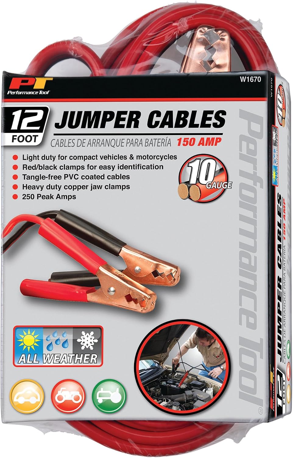 Performance Tool W1675 10ft 4GA Lighted Jumper Cables - Tangle-Free, Heavy Duty Clamps, Suitable for Trucks, SUVs, and Other Large Vehicles