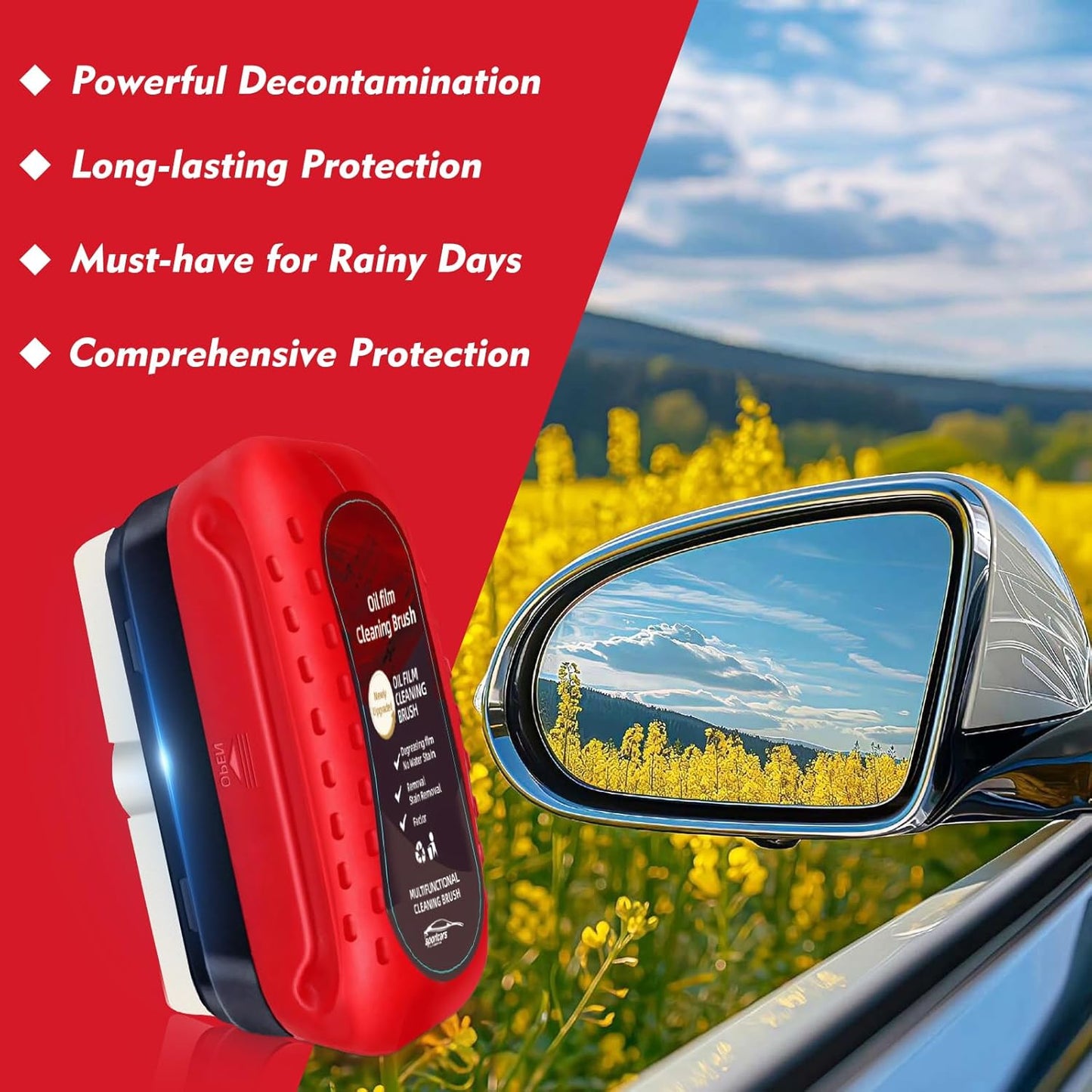 Automotive Oil Film Cleaning Brush with Reusable Foam Sprayer, Upgraded Antifog Glass Cleaning Board, Glass Oil Film Remover for Car Windows & Windshields, Versatile Car Glass Cleaner Brush (Red)