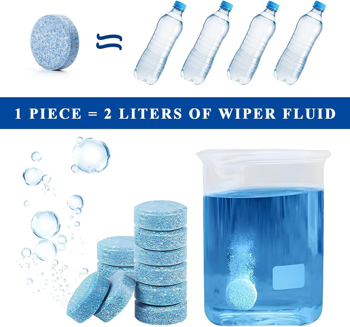 100 PCS Car Windshield Washer Tablets, Auto Window Glass Cleaner Solid Effervescent Tablet, Vehicle Windshield Wiper Fluid Concentrated Cleaning Tablets for Clear Vision