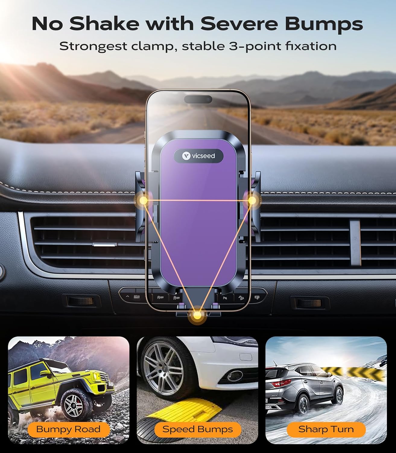 VICSEED 2026 Upgrade Ultra Stable Car Phone Holder Mount [Never Fall Off & Won't Break] Universal Air Vent Phone Mount for Car Easy Clamp Phone Holders for Your Car for iPhone 17 Pro Max 16 15 14 13