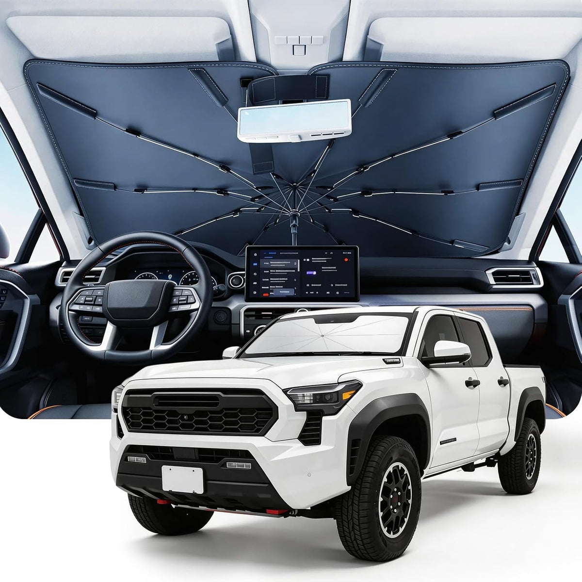 DMJN Umbrella Windshield Sun Shade - Medium, Car Sunshade for Front Windshield [Nano Ice-Crystal Coatings] UPF50+ Heat & UV Block, Protect Interior & Keep Cooler Universal for Car, SUV, Truck