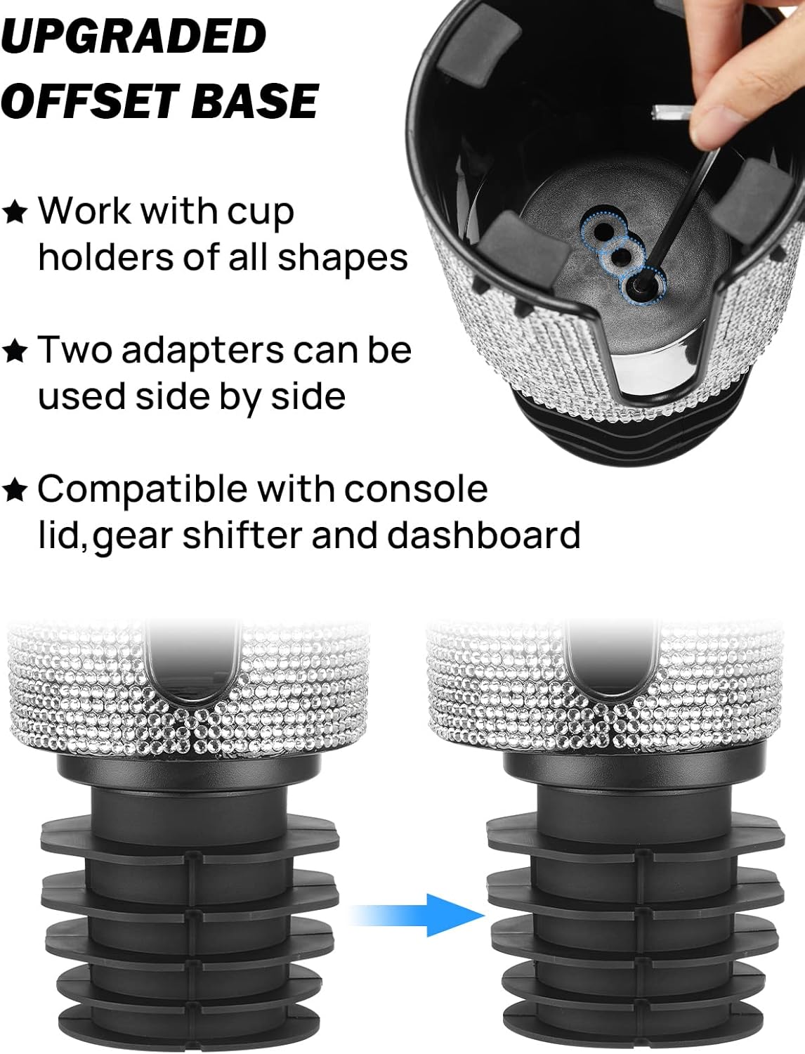 JOYTUTUS Upgraded Car Cup Holder Expander with Offset Base, Fit for YETI, Hydro Flask, Large Cup Holder Expander for Car Hold 18-40 oz Bottles and Mugs, Other Bottles in 3.4"-3.8"(Bling)