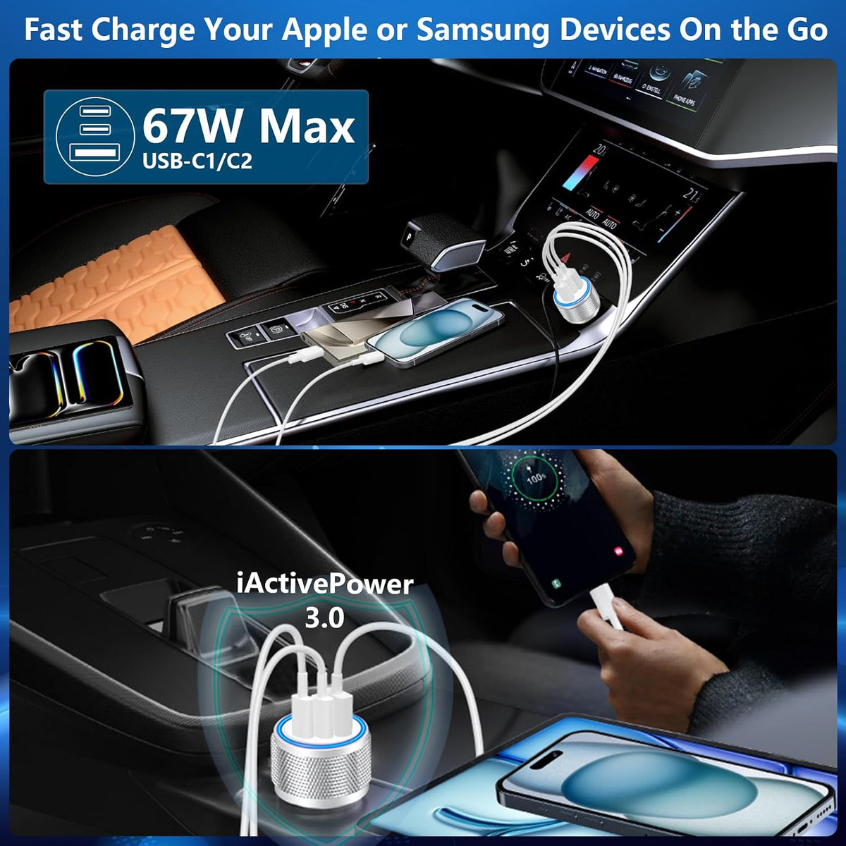 USB C Car Charger, Rombica 2Pack 3-Port 67W Dual PD USB-C&USB-A Car Power Cigarette Lighter USB Charger 3 in 1 PD/QC Type C Fast Car Charge for iPhone 17 17 Pro Max 16 15 14 13 12/Galaxy S26 S25/Pixel