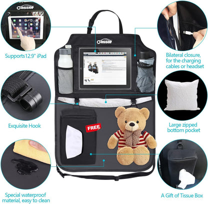 Oasser Seat Back Protector Kick Mats 12.9" I pad Holder 2 Pack XL with 1 Tissue Box Car Seat Organizer Back of Seat Protector Clear 2 Large Car Organizers and Storage