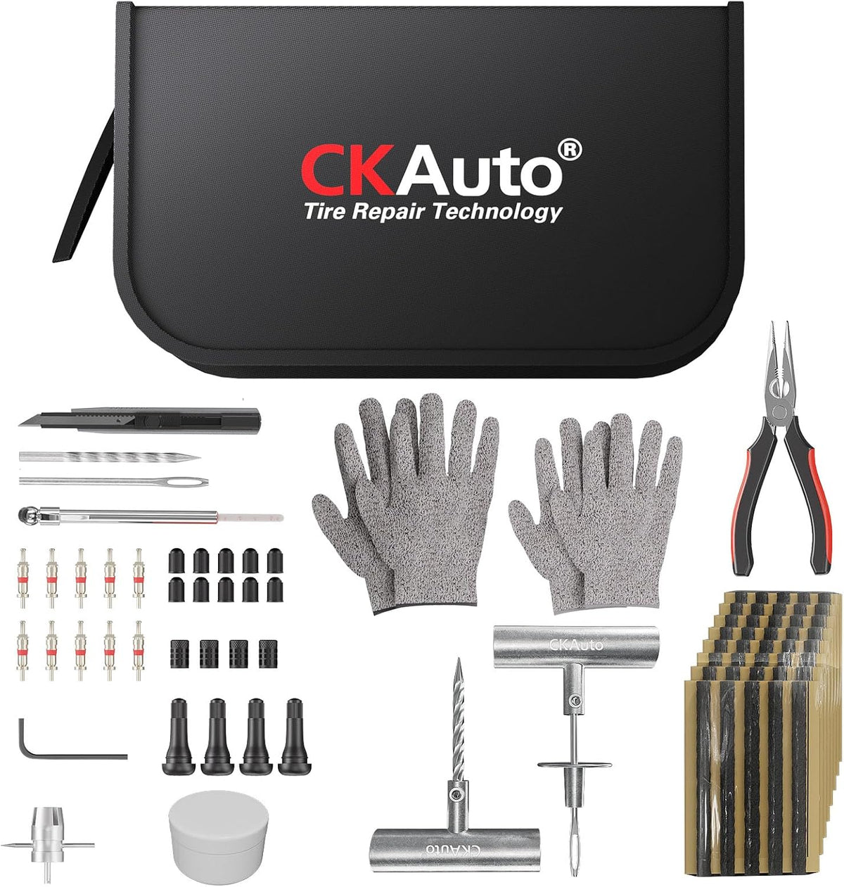 CKAuto Universal Tire Repair Kit, Heavy Duty Car Emergency Tool Kit for Flat Tire Puncture Repair, 36 Pcs Value Pack, Tire Plug Kit fit for Autos, Cars, Motorcycles, Trucks, RVs, etc.