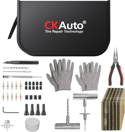 CKAuto Universal Tire Repair Kit, Heavy Duty Car Emergency Tool Kit for Flat Tire Puncture Repair, 36 Pcs Value Pack, Tire Plug Kit fit for Autos, Cars, Motorcycles, Trucks, RVs, etc.