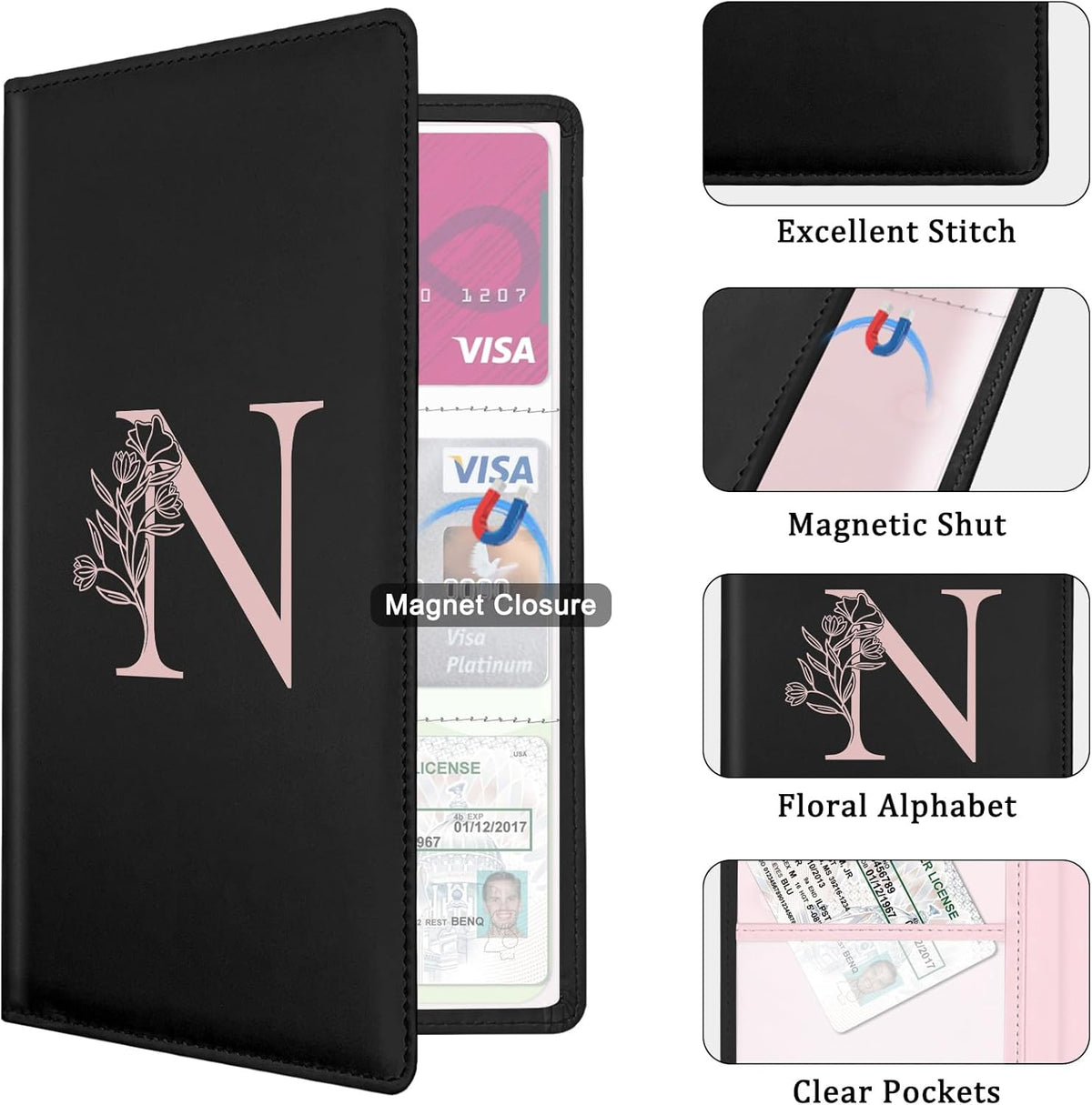 Letter Car Registration and Insurance Holder, with Magnetic Closure for License, Cards and Documents,Vehicle Glove Box Car Organizer, Interior Car Accessories for Women Men (M)