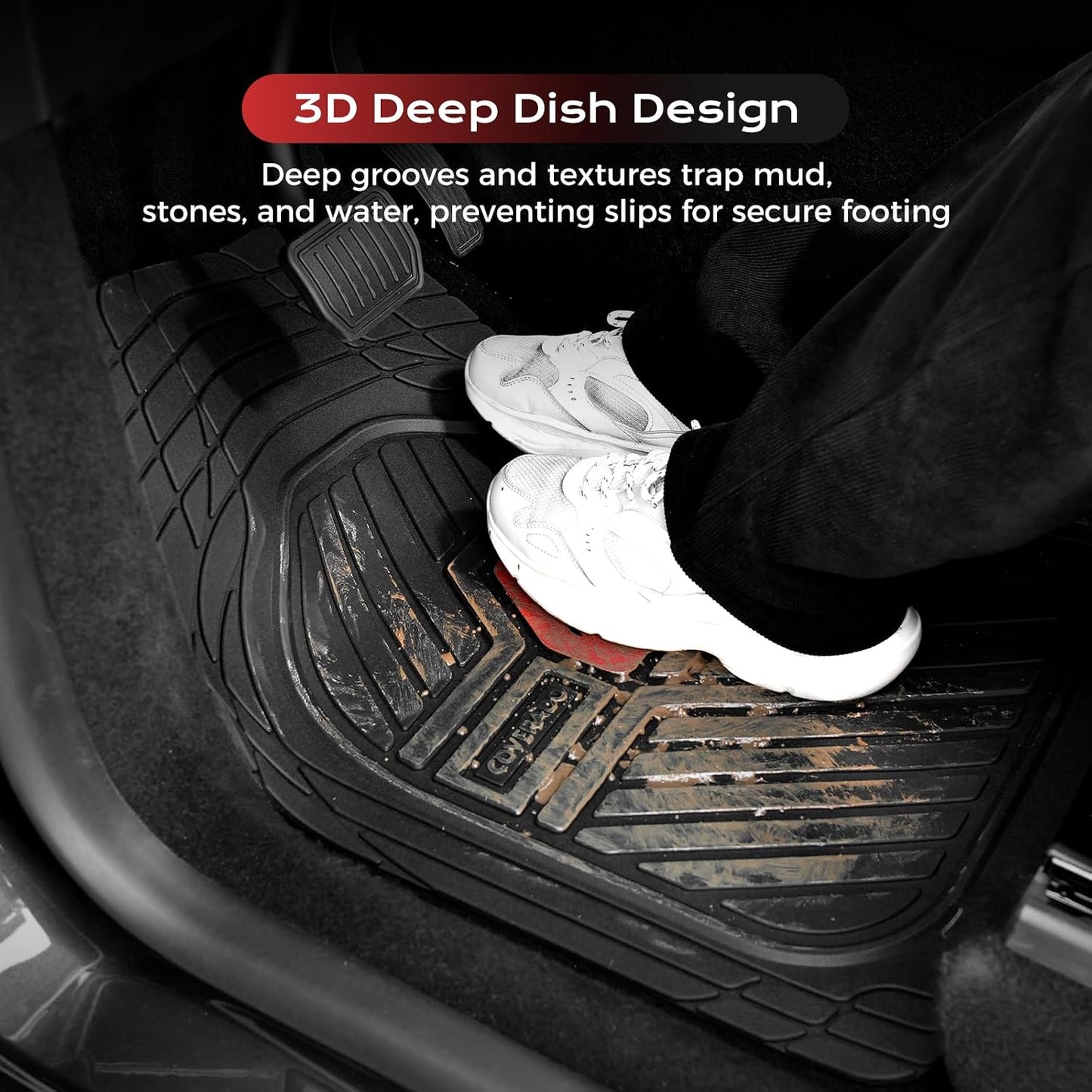 Coverado Car Floor Mats All Weather Waterproof Deep Dish Anti-Slip Car Mats Set, Heavy Duty Rubber Floor Mats for Cars, Universal Trim to Fit Automotive Floor Mats for Cars Trucks SUV, Black&Red