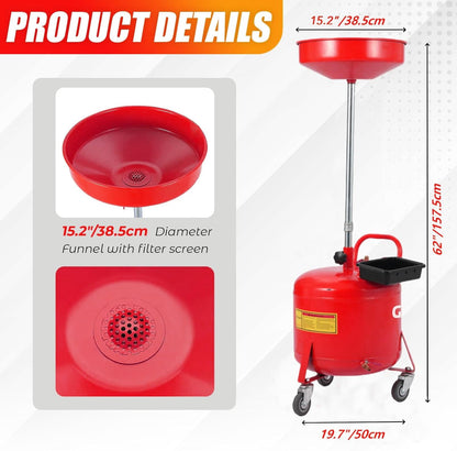 Garvee 8 Gallon Portable Waste Oil Drain Tank, Oil Lift Drain Pan Air Operated Drainer, Fluid Fuel Drainage Adjustable Funnel Height with Wheels