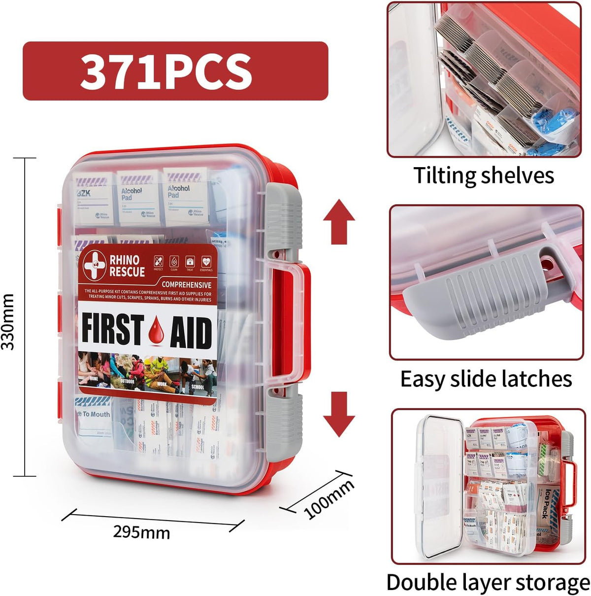 RHINO RESCUE 371 Pieces OSHA All-Purpose First Aid Kit, 100-Person Home & Office Professional Medical Supplies, Ideal for Emergency, School, Business