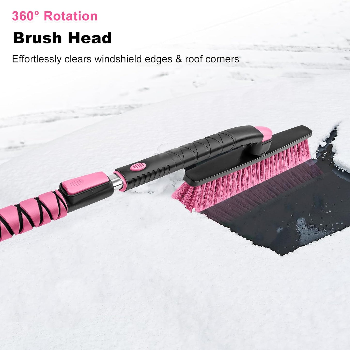 HEEYA 48 Inch Long Snow Brush for SUV, Extendable Ice Scraper and Brush with Foam Grip, 360° Pivoting Snow Car Brush for Truck Auto RV Vehicle Windshield Window - Pink