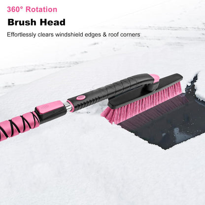 HEEYA 48 Inch Long Snow Brush for SUV, Extendable Ice Scraper and Brush with Foam Grip, 360° Pivoting Snow Car Brush for Truck Auto RV Vehicle Windshield Window - Pink