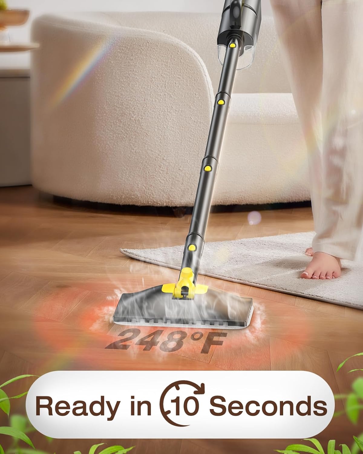 10-in-1 Steam Mop with Detachable Handheld Steamer,350ml Tank, 10s Heat-Up, 248°F Steam Cleaner, 2-Level Control and Swivel Head for Floor,Carpet,Tiles, BBQ grill,Car Accessories Clean White