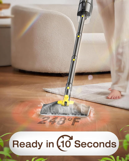 10-in-1 Steam Mop with Detachable Handheld Steamer,350ml Tank, 10s Heat-Up, 248°F Steam Cleaner, 2-Level Control and Swivel Head for Floor,Carpet,Tiles, BBQ grill,Car Accessories Clean White