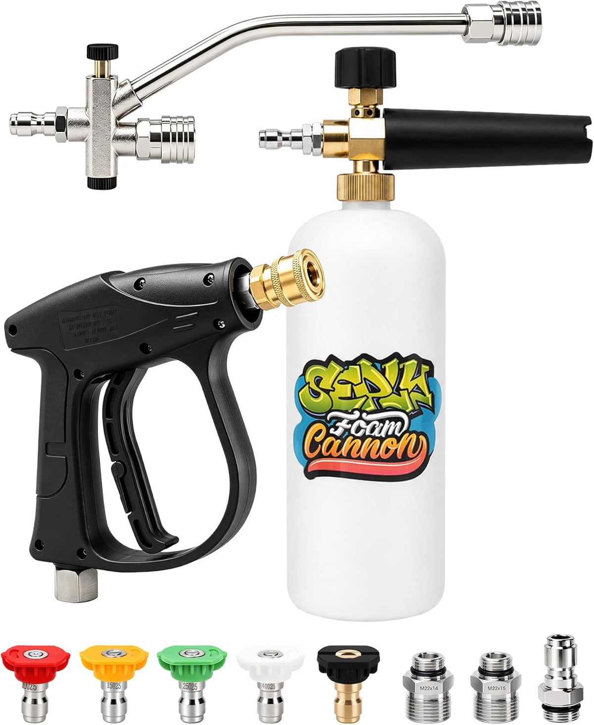 SEPLY Foam Cannon for Pressure Washer Gun Kit with Dual Connector Accessory, Car Wash Foam Gun with 5 Pressure Washer Nozzle Tips 3/8'' Swivel Quick Connector and M22-14mm and M22-15 mm Fitting
