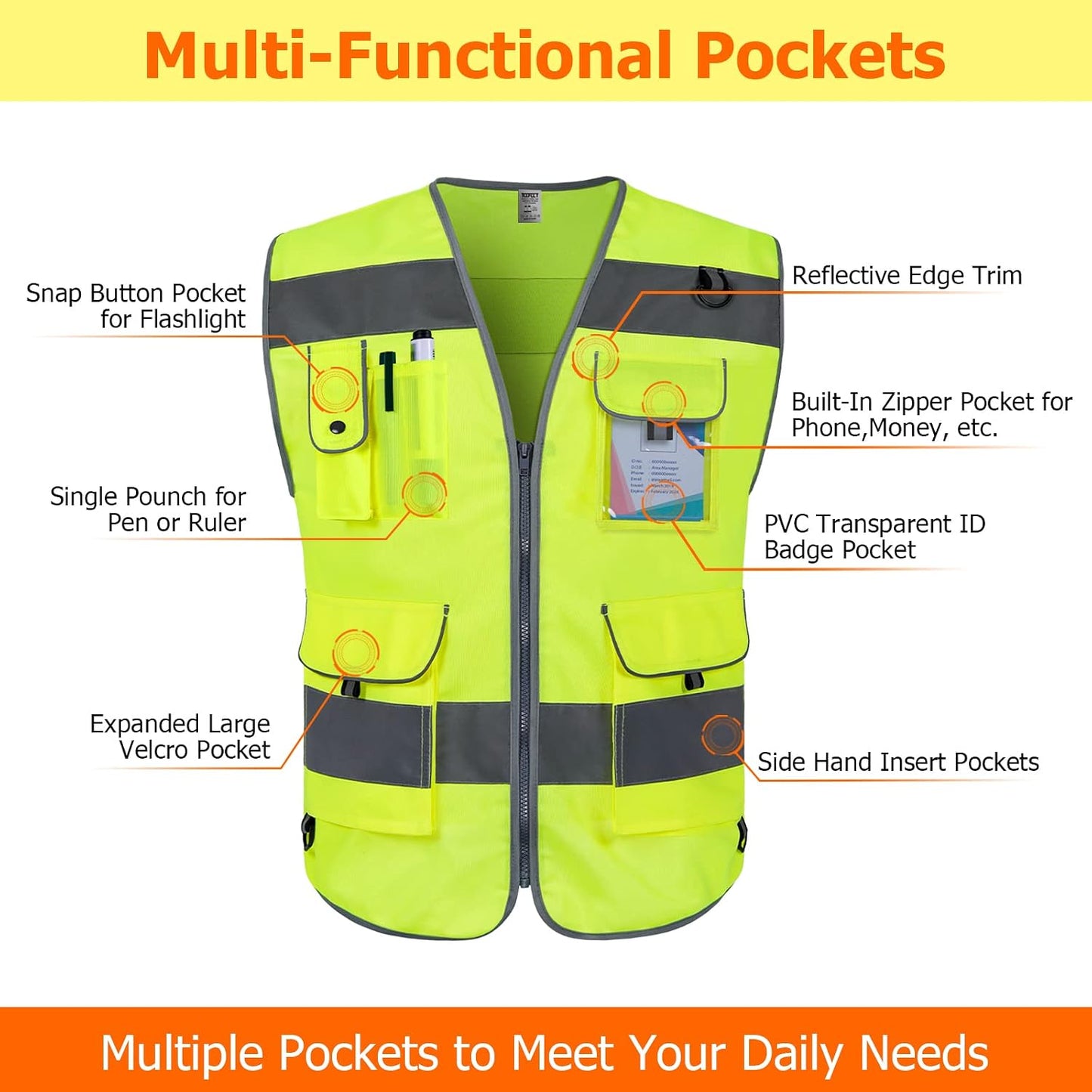 TCCFCCT Safety Vest for Men Women 9 Pockets High Visibility Vest for Safety, Reflective Work Vest with Reflective Strips, Meets ANSI/ISEA Standards, (Yellow, Large)