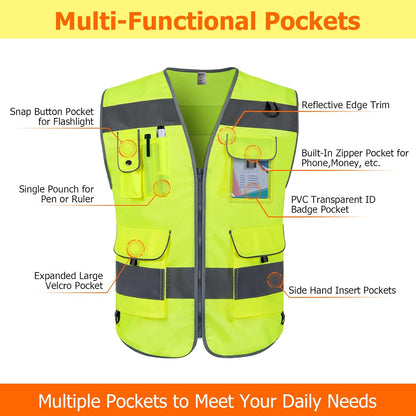 TCCFCCT Safety Vest for Men Women 9 Pockets High Visibility Vest for Safety, Reflective Work Vest with Reflective Strips, Meets ANSI/ISEA Standards, (Yellow, Large)